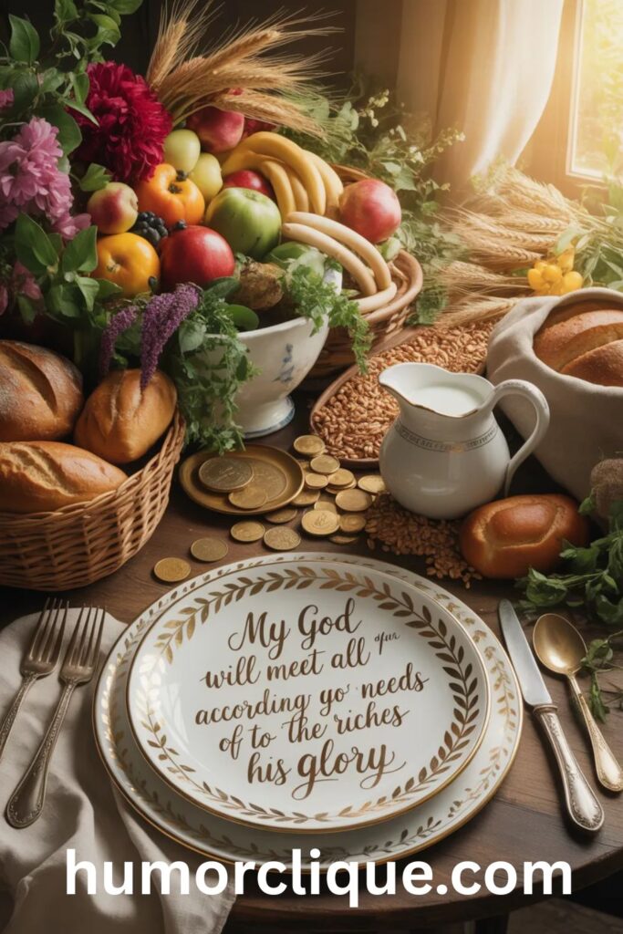 "Abundant harvest table with overflowing cornucopia of fruits, vegetables, and bread, centered decorative plate displaying Philippians 4:19 about God meeting all needs, bathed in warm sunlight representing divine provision and prosperity prayers"