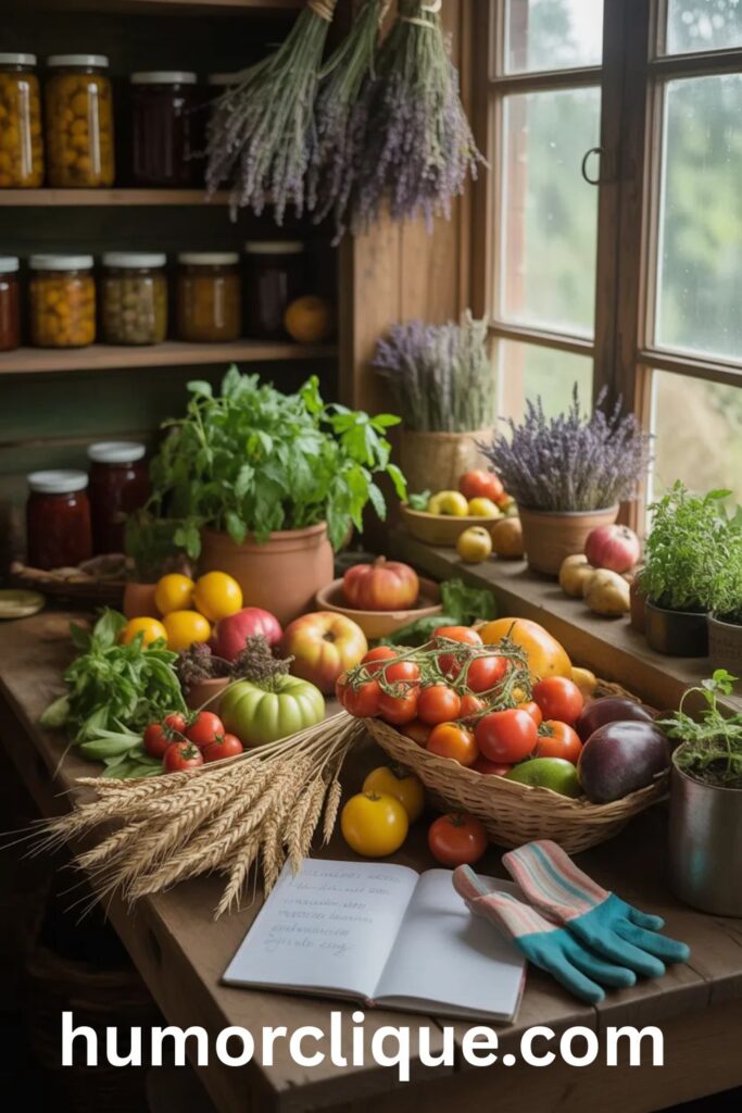 A rustic farmhouse kitchen table abundant with freshly harvested vegetables, fruits, herbs, and golden wheat in woven baskets, bathed in warm morning sunlight streaming through a window, with preserved jars on shelves and a gratitude journal nearby, symbolizing prosperity through faithful stewardship and divine provision.