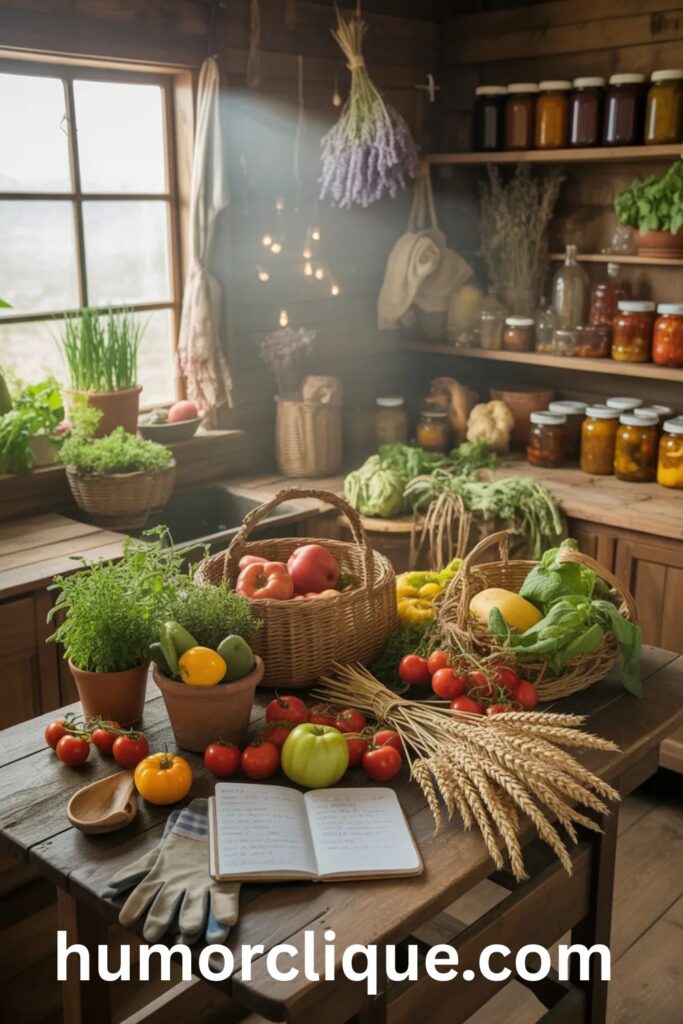 A rustic farmhouse kitchen table abundant with freshly harvested vegetables, fruits, herbs, and golden wheat in woven baskets, bathed in warm morning sunlight streaming through a window, with preserved jars on shelves and a gratitude journal nearby, symbolizing prosperity through faithful stewardship and divine provision.