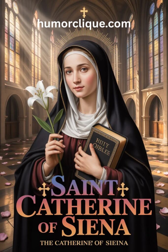 "Saint Catherine of Siena The Christian Legacy Behind This Name — A radiant depiction of Saint Catherine in Dominican habit holding a lily and Holy Bible inside a glowing Renaissance cathedral with warm sienna and golden divine light"