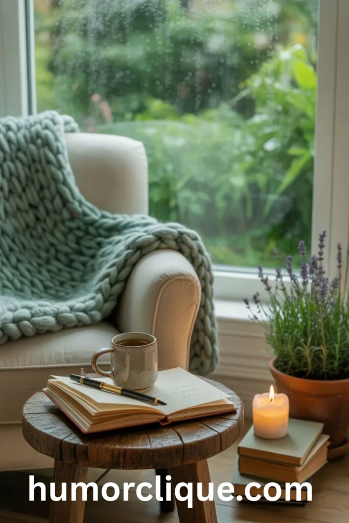 A serene reading nook with a comfortable armchair and soft blanket beside a rain-spotted window overlooking a peaceful garden, accompanied by herbal tea, an open journal, and a glowing candle, symbolizing intentional rest, self-care, and the blessing of restorative moments.