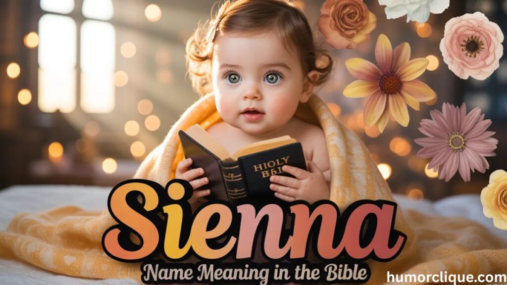 "Sienna Name Meaning in the Bible – A beautiful baby girl holding a Holy Bible surrounded by warm sienna-toned flowers and soft golden divine light"