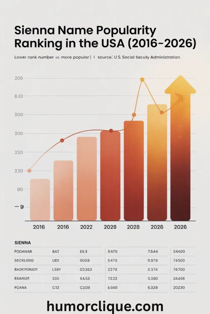 "Sienna Name Popularity in 2026 — Infographic chart showing Sienna rising to USA rank 88 with a joyful baby girl surrounded by golden celebratory light and colorful balloons"