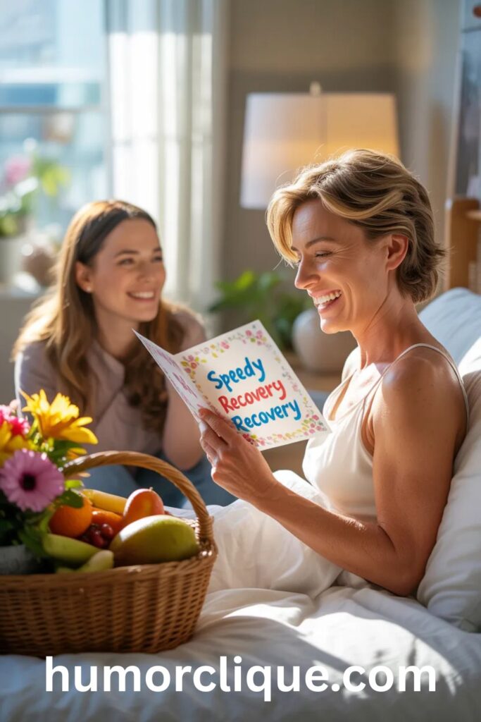 Speedy recovery wishes card with smiling patient in sunlit bedroom surrounded by colorful flowers and support