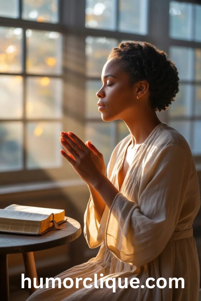 "African American woman in peaceful morning prayer with divine light streaming through window, representing the spiritual depth and faith found in inspirational good morning devotional quotes"