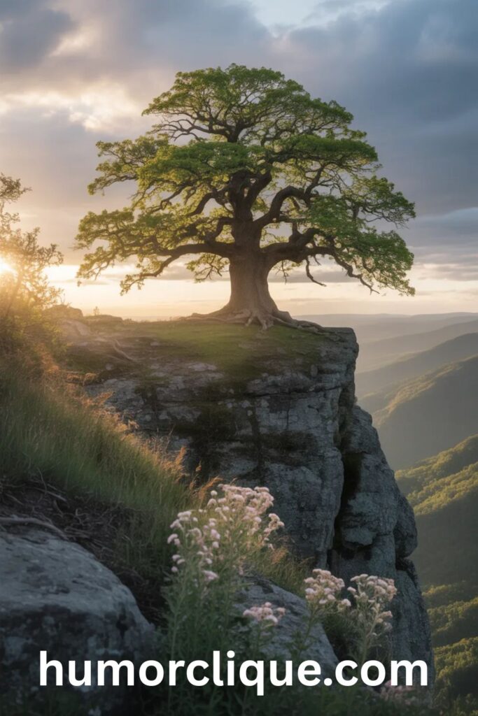 A majestic oak tree with deep roots anchored in rocky cliff stone, standing strong beneath parting storm clouds with golden sunlight breaking through, surrounded by wildflowers blooming in cracks of stone, representing strength, perseverance, and blessings through adversity.