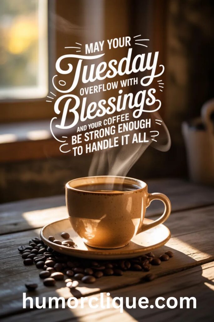 Tuesday morning blessing with coffee cup and sunrise inspiration quote