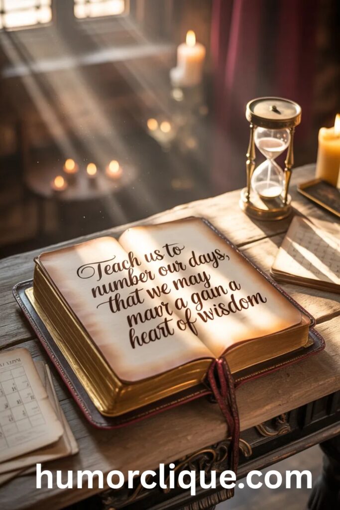 "Open Bible on wooden altar displaying Psalm 90:12 about numbering our days, illuminated by candlelight with divine light rays, symbolizing biblical foundation for monthly prayers and spiritual wisdom"