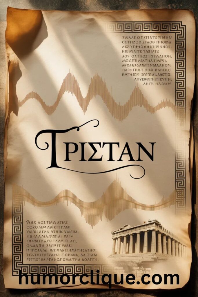 Greek alphabet rendering of Tristan (Τρίσταν) on parchment showing linguistic integration into Hellenic culture"
