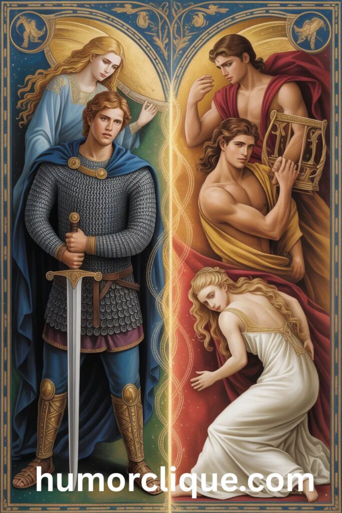 "Artistic comparison of Tristan with Greek mythological heroes Orpheus, Achilles, and Paris showing parallel themes of tragic love and heroic courage"