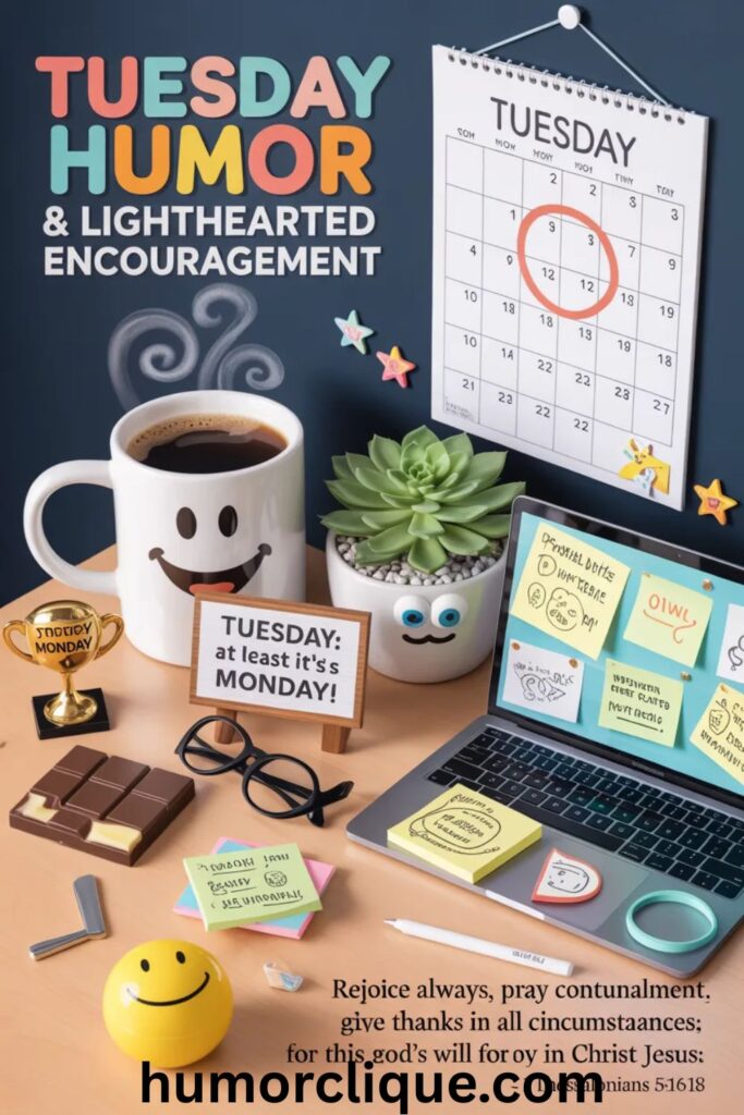 Tuesday humor and lighthearted encouragement with 1 Thessalonians 5:16-18 rejoice always blessing and funny coffee workspace scene