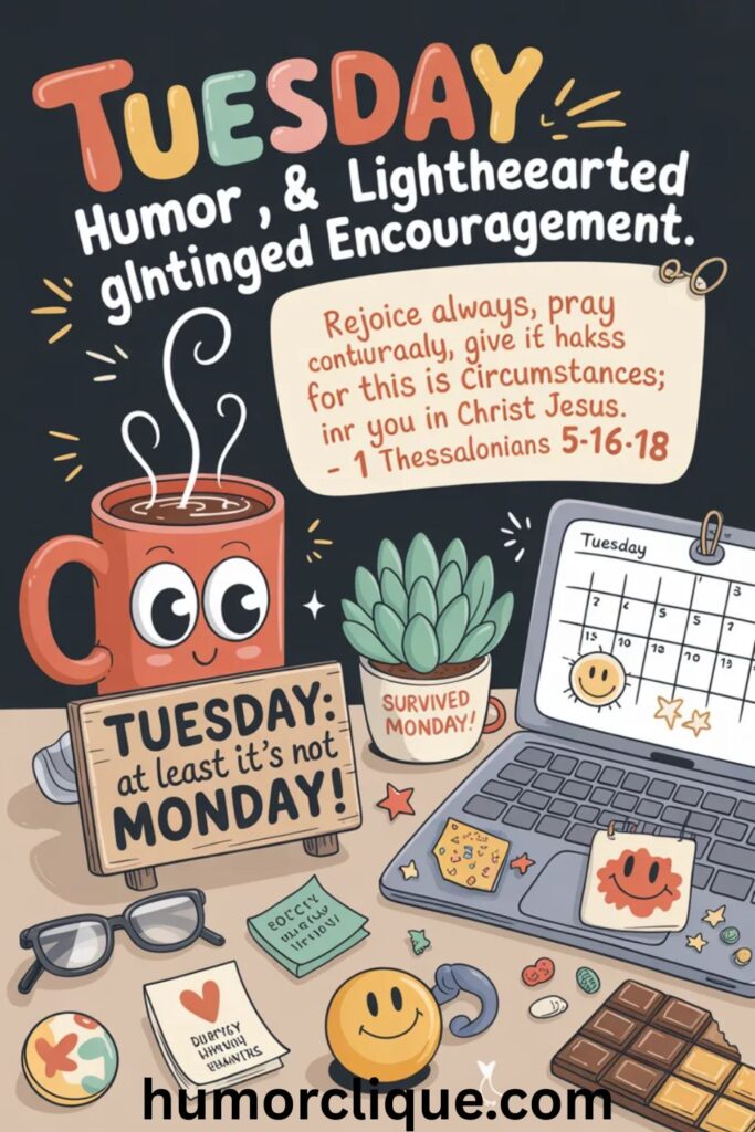 Tuesday humor and lighthearted encouragement with 1 Thessalonians 5:16-18 rejoice always blessing and funny coffee workspace scene