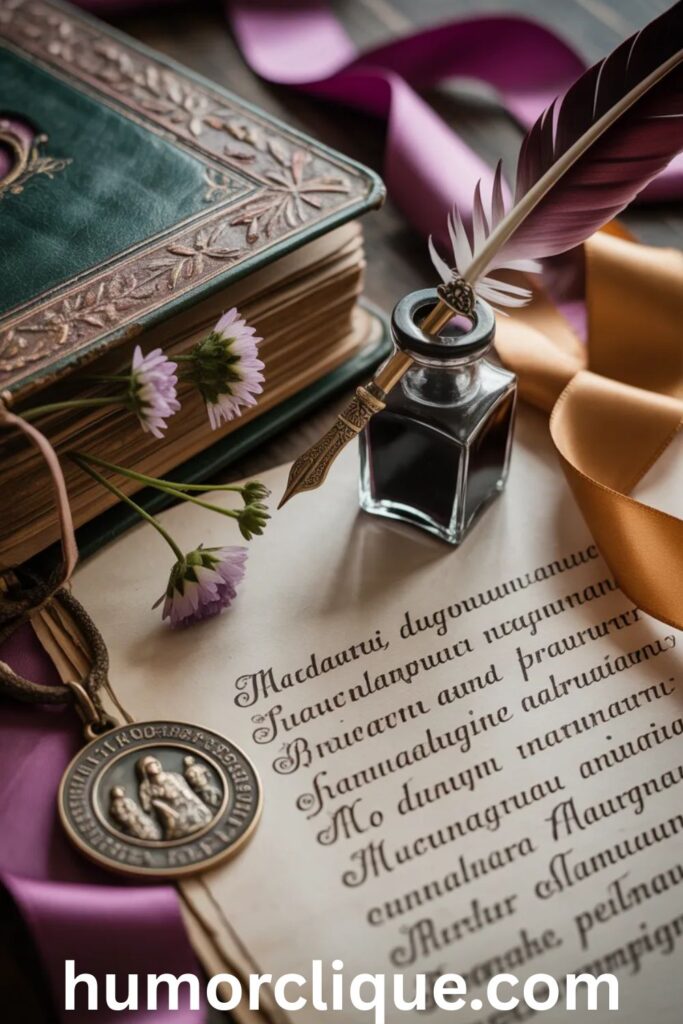 "Antique religious manuscripts with ornate calligraphy, vintage quill pen, pressed flowers, and bronze medal representing unique and rare female saint names for confirmation"