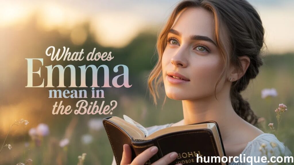 Beautiful young woman holding a Bible at sunset with glowing Hebrew and Greek letters, representing what Emma means in the Bible and its spiritual meaning.