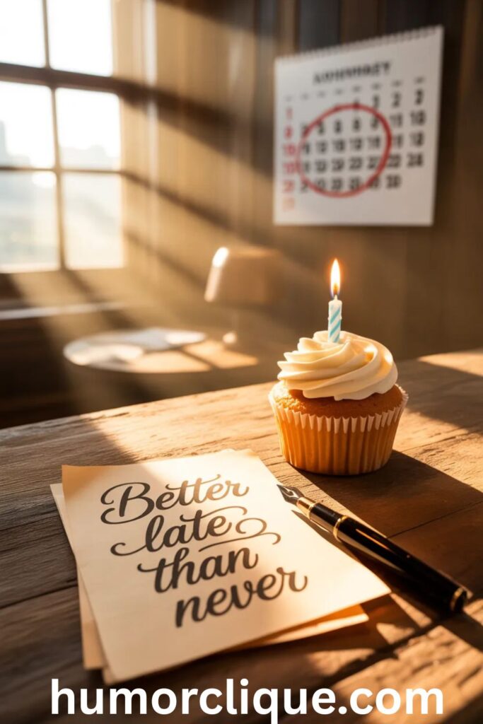 "A cupcake with a lit candle sits beside a handwritten note reading 'Better late than never' in warm morning sunlight, with a marked calendar visible in the soft-focused background"