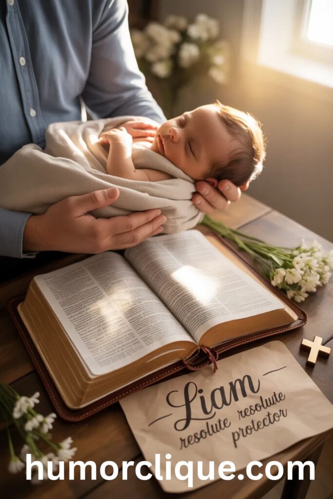 "Newborn baby named Liam resting beside open Bible showing Joshua 1:9, illustrating the biblical meaning of strength, courage, and divine protection"