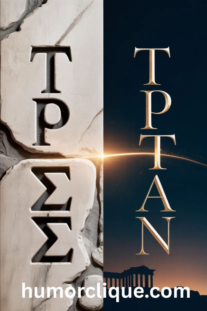 "Visual representation of Tristan's connection to the Greek word 'tristos' meaning sorrowful, shown in Greek alphabet typography"