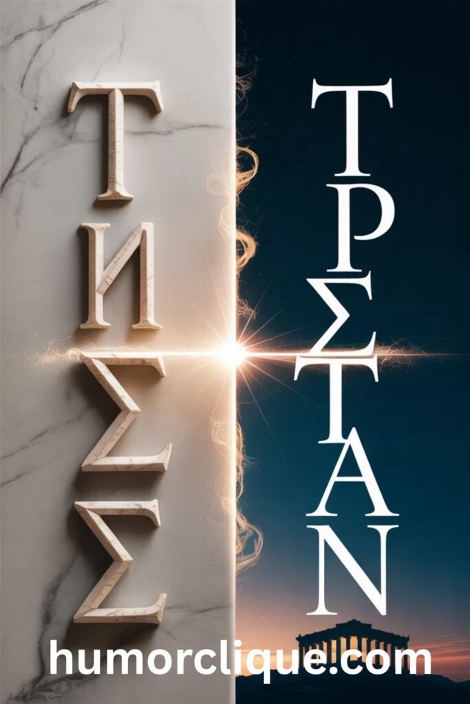 "Visual representation of Tristan's connection to the Greek word 'tristos' meaning sorrowful, shown in Greek alphabet typography"