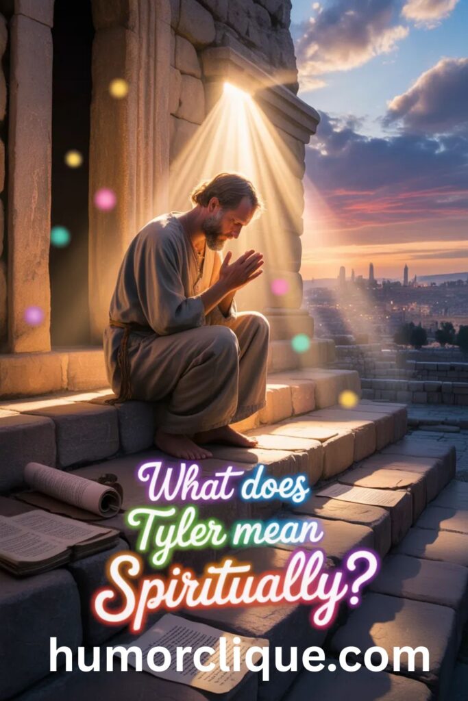 A breathtaking realistic spiritual scene of a humble craftsman praying at an ancient biblical temple with divine golden light rays, scripture scrolls, and colorful glowing text overlay reading "What Does Tyler Mean Spiritually?" representing the deep spiritual meaning of the name Tyler supported by biblical scriptures.

