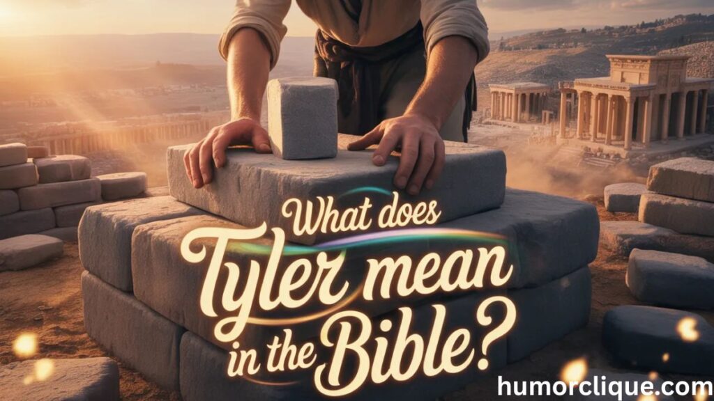 A realistic biblical scene showing a master builder craftsman placing a cornerstone at an ancient temple, with glowing golden text overlay reading "What Does Tyler Mean in the Bible?" symbolizing the Hebrew and biblical meaning of the name Tyler as a skilled builder.