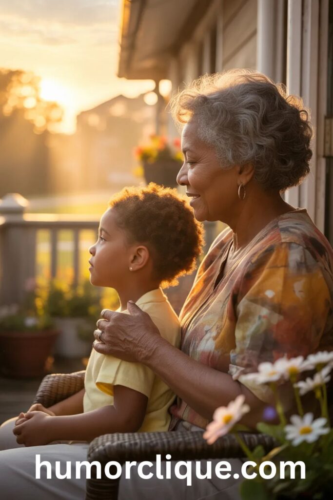 "African American grandmother and grandchild sharing an inspiring morning moment together on porch at sunrise, symbolizing the warmth and wisdom of good morning blessings passed through generations"