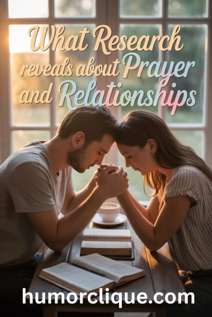 Couple holding hands in prayer at a sunlit table with Bible and notes, symbolizing research and spiritual connection in relationships.