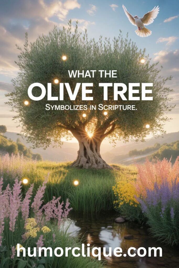 Realistic olive tree with sunrise, colorful flowers, and dove symbolizing Scripture’s message of peace, hope, and God’s covenant.