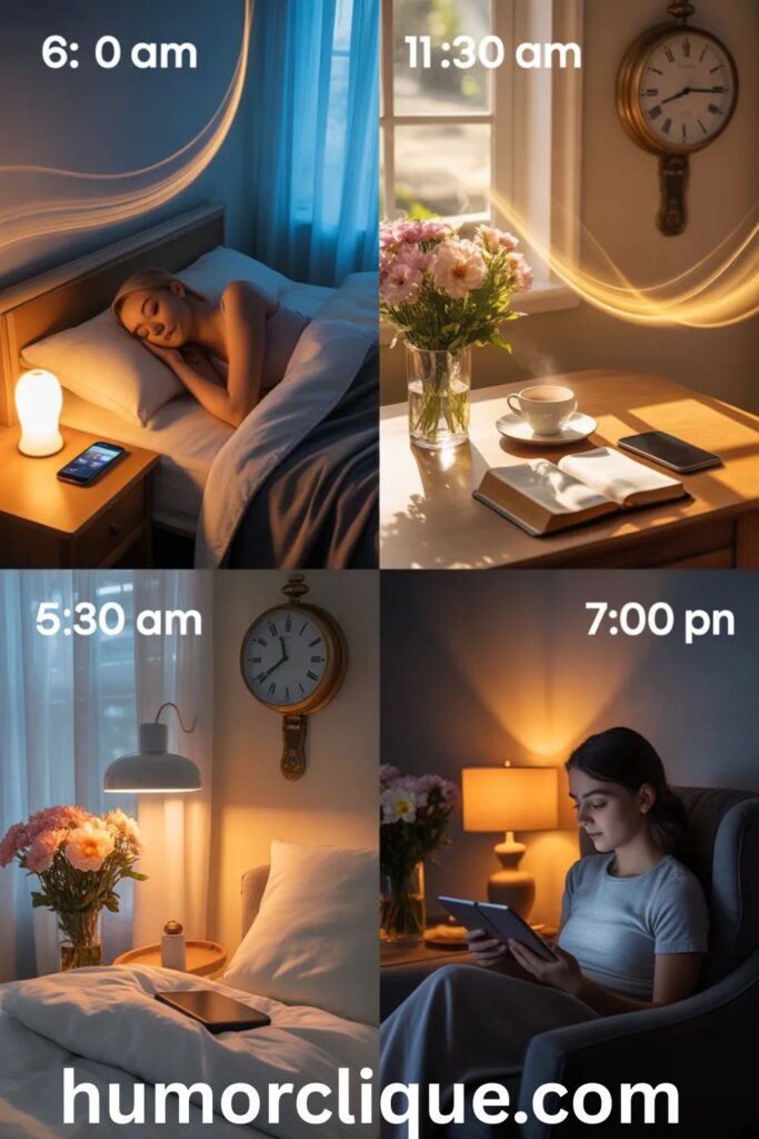 
"Three-panel image showing different times of Sunday from dawn to evening, featuring peaceful moments with digital devices displaying blessing messages in warm, transitioning natural light"