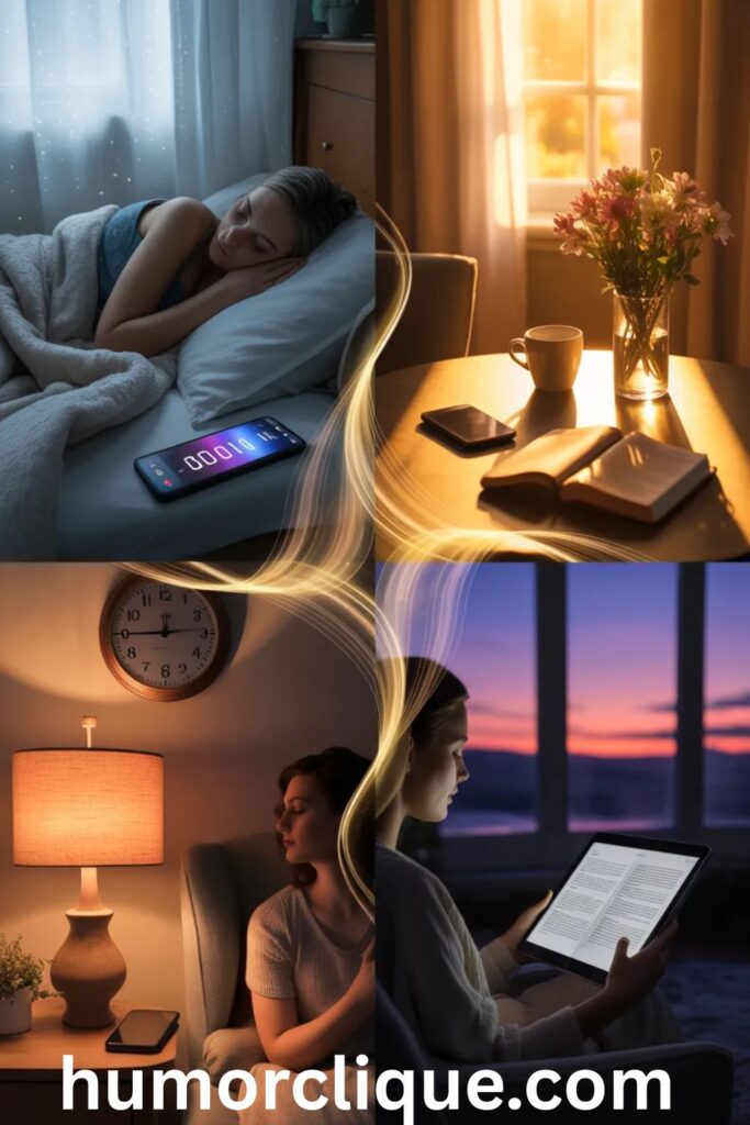 
"Three-panel image showing different times of Sunday from dawn to evening, featuring peaceful moments with digital devices displaying blessing messages in warm, transitioning natural light"