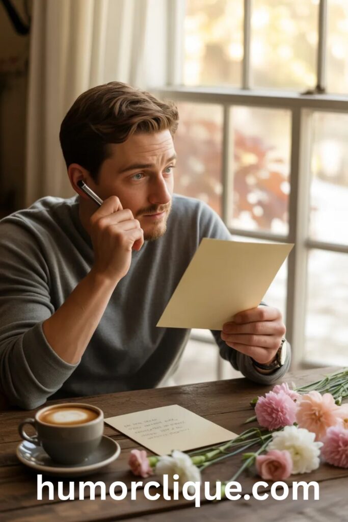 A grown son sits at a sunlit wooden table, pensively holding a blank Mother's Day card and pen, surrounded by fresh flowers and a warm cup of coffee, looking thoughtfully into the distance as he struggles to find the right words for his mother.

