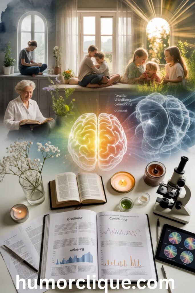 "Research journals and scientific data artfully combined with warm images of people experiencing peace and connection through Sunday morning blessings, bathed in golden sunlight"