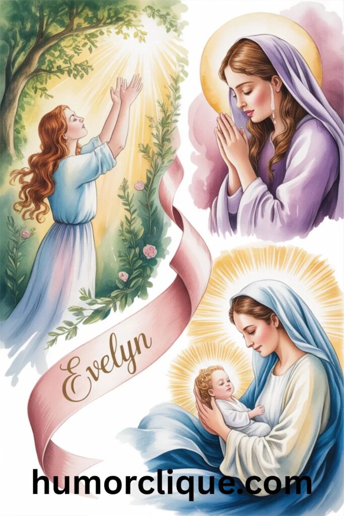 Watercolor illustration of Eve, Hannah, and Mary representing the biblical themes embodied in the name Evelyn