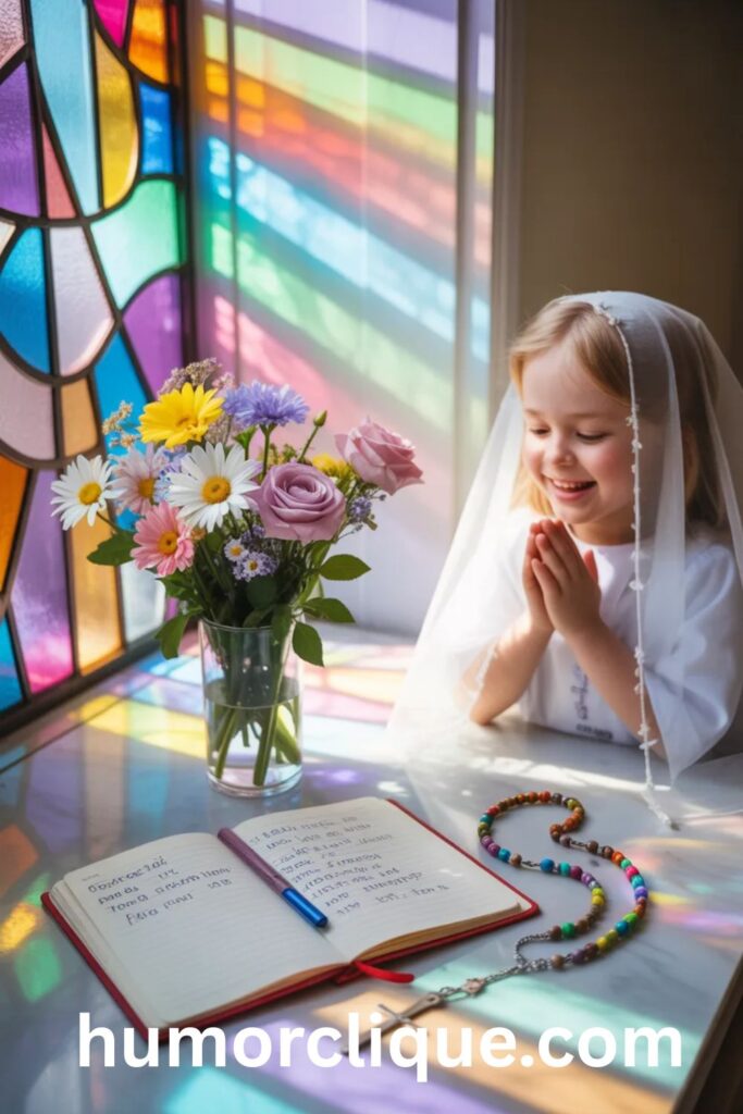 "Colorful stained glass light illuminating confirmation symbols including prayer journal, rosary, white veil, and fresh flowers representing young female saints for teen confirmation"