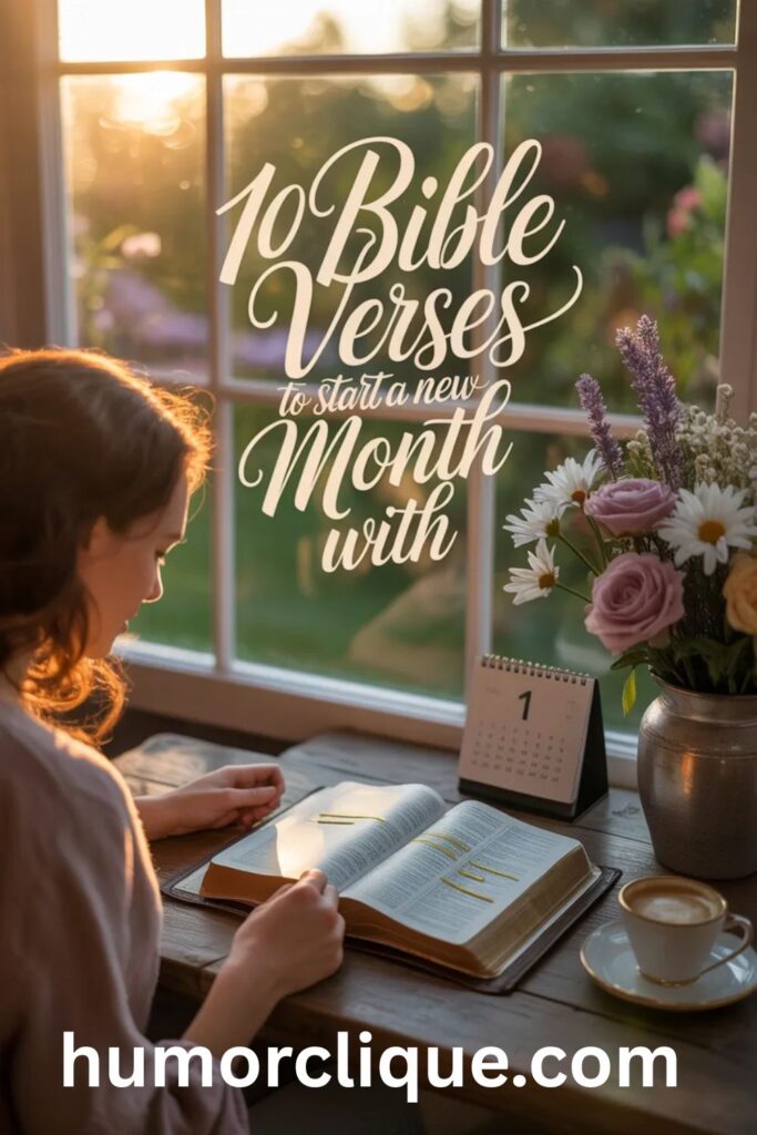 Open Bible with sunrise light and flowers representing 10 Bible verses to start a new month with faith, hope, and spiritual encouragement.
