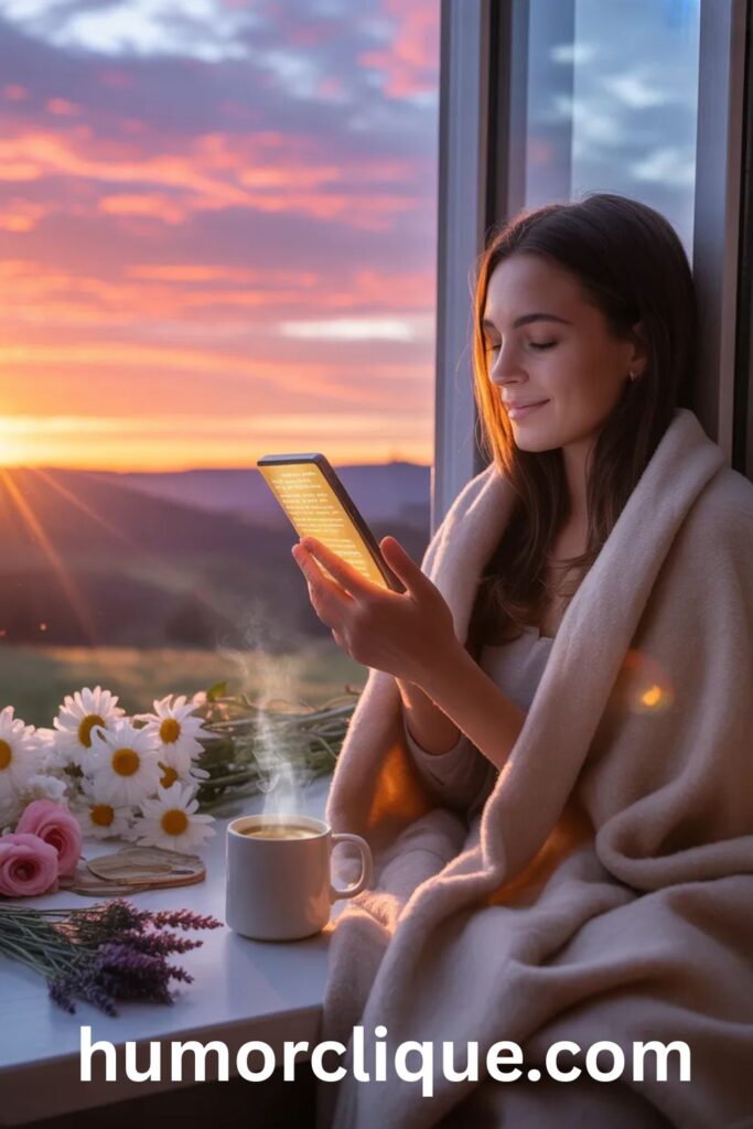 A peaceful young woman wrapped in a blanket reading good morning prayer messages on her phone by a sunlit window with fresh flowers and a warm cup of tea during a colorful sunrise.
