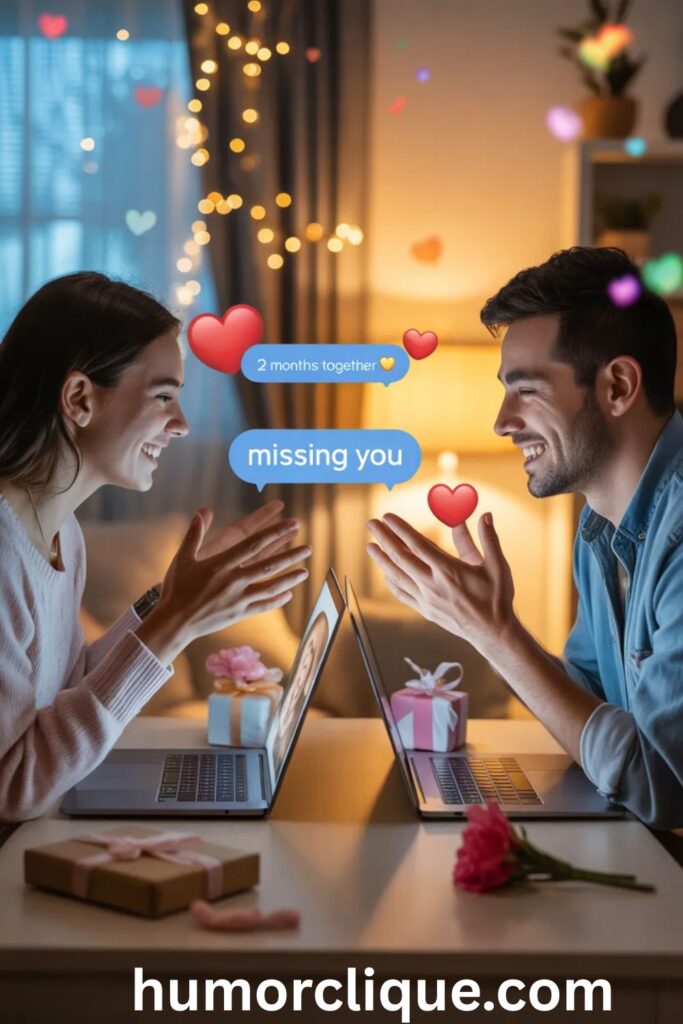 Couple celebrating long-distance 2-month anniversary via video call with love and heartwarming vibes.