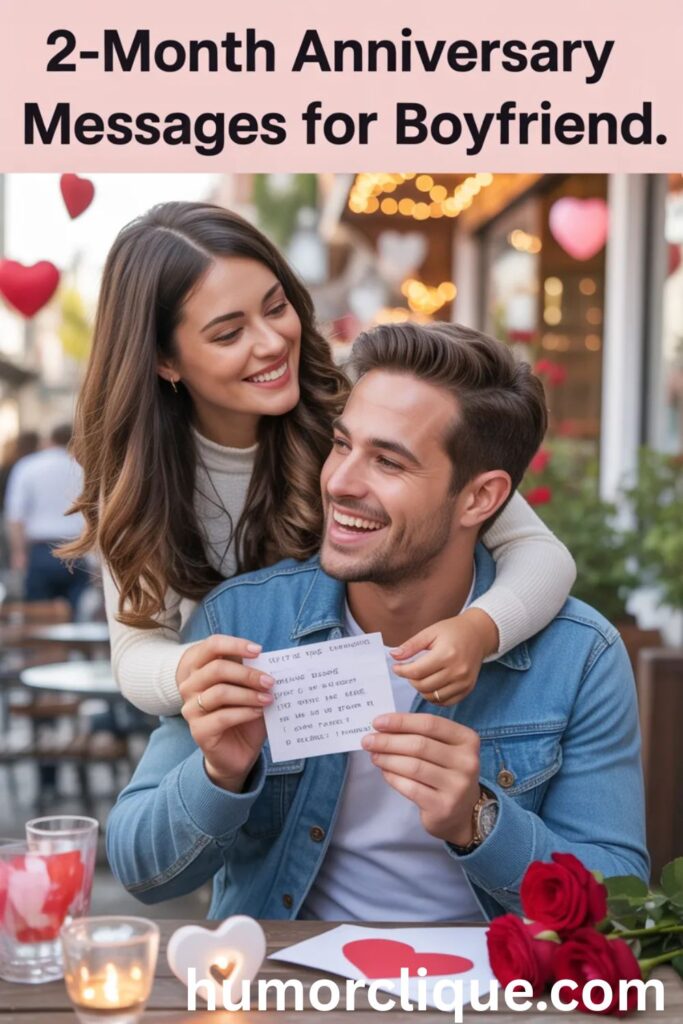 Girlfriend giving heartfelt 2-month anniversary message to boyfriend with roses and cozy romantic vibes.