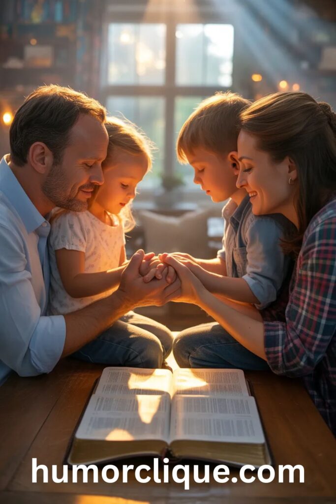 Christian family praying together around an open Bible representing 50 prayer points for family with scriptures.