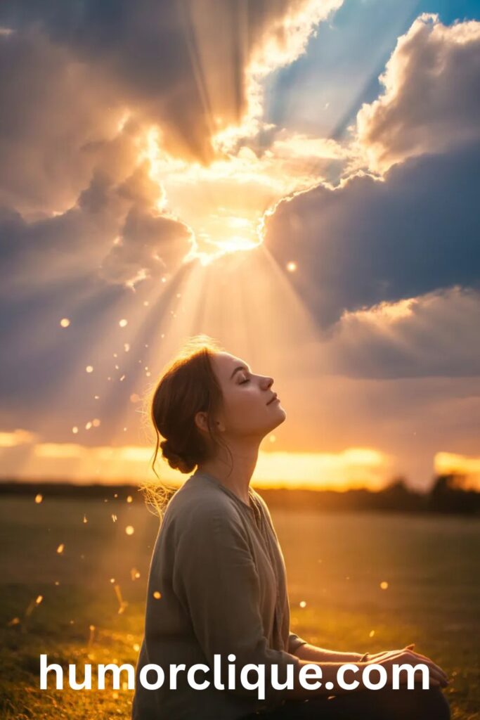 A person bathed in divine golden light rays breaking through dramatic heavenly clouds in a serene field, symbolizing God's divine wake-up call and spiritual calling