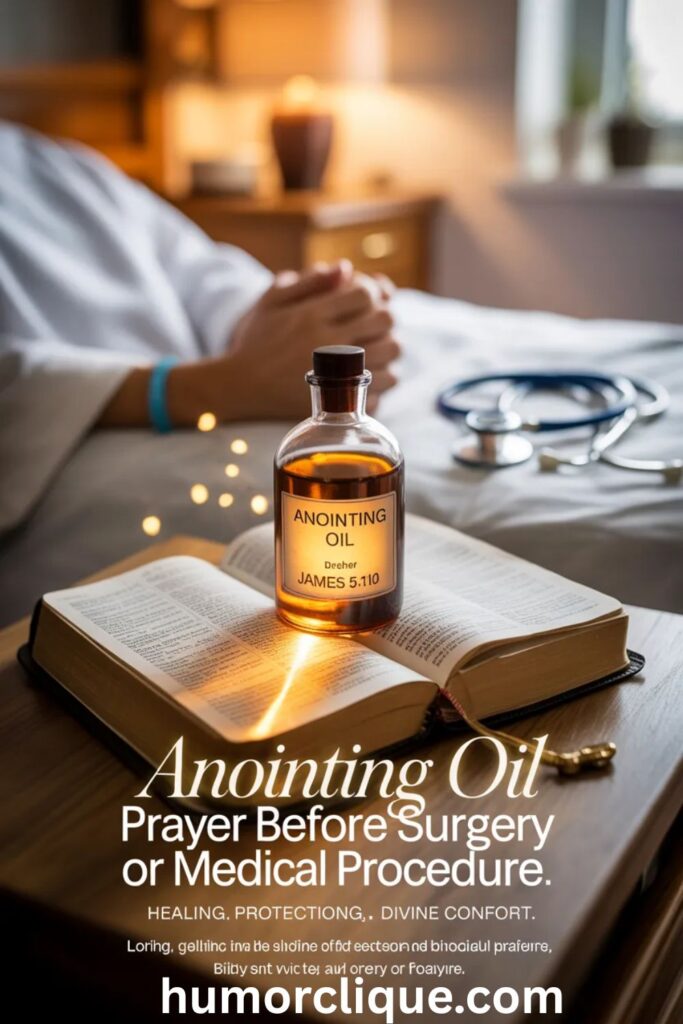 Realistic anointing oil bottle on open Bible with sunlight, symbolizing putting on God’s armor and blessing your home.