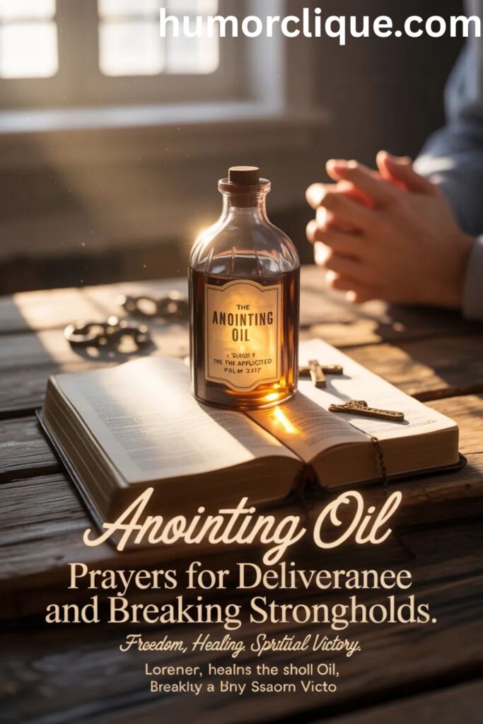 Realistic glowing anointing oil bottle on open Bible with sunlight, symbolizing prayers for deliverance and breaking spiritual strongholds.