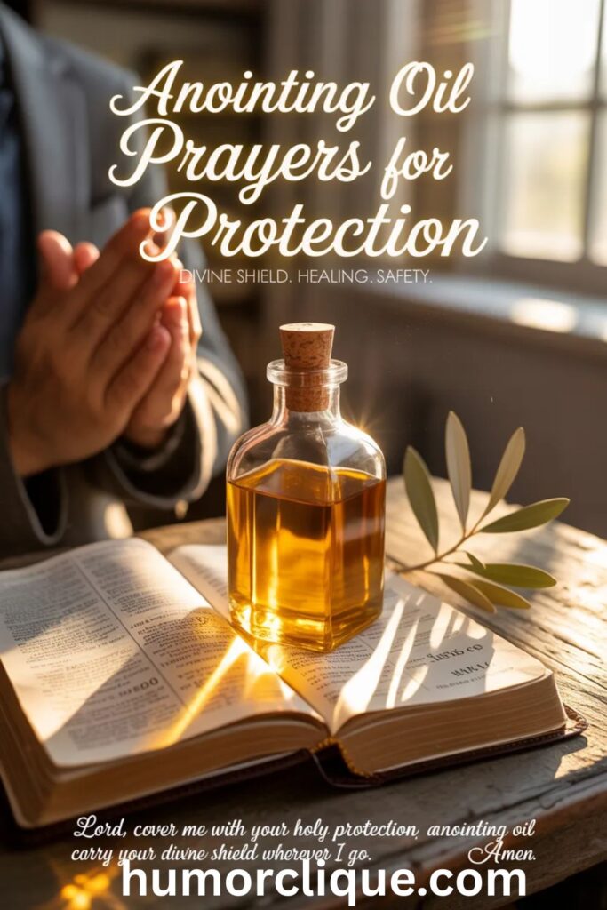 Realistic anointing oil bottle on open Bible with sunlight, symbolizing prayers for divine protection and healing.