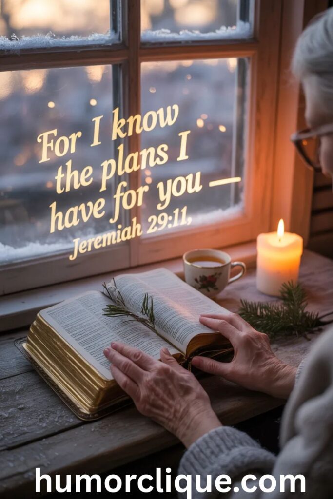 Elderly hands holding an open Bible near a glowing candle and frost-covered window on New Year's morning, with golden scripture light and a warm cozy atmosphere — representing the best Christian New Year Bible verse quotes for faith and hope.

