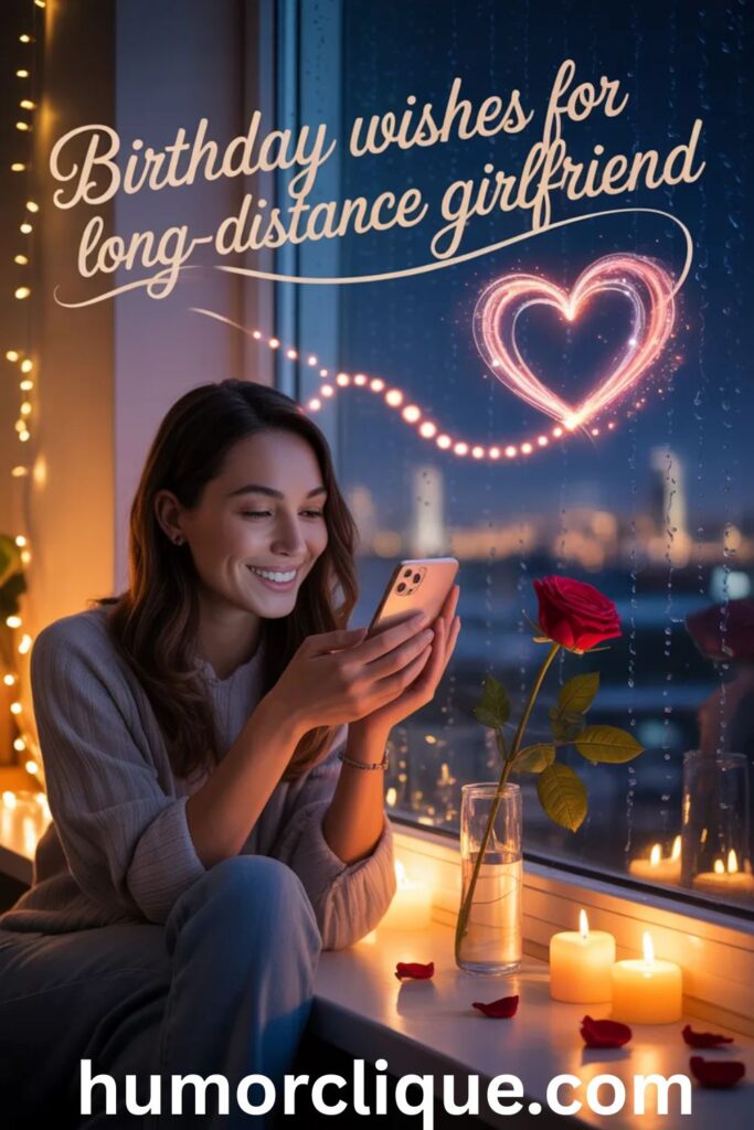Birthday wishes for long-distance girlfriend — an emotional romantic scene of a young woman video calling her boyfriend by candlelight with fairy lights, roses, and a glowing heart connecting two cities under a starry sky.