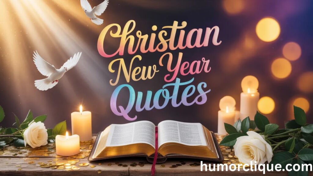 Christian New Year Quotes displayed over an open Holy Bible surrounded by golden candlelight, white roses, and heavenly light rays — a heart-touching faith-filled New Year blessing image.