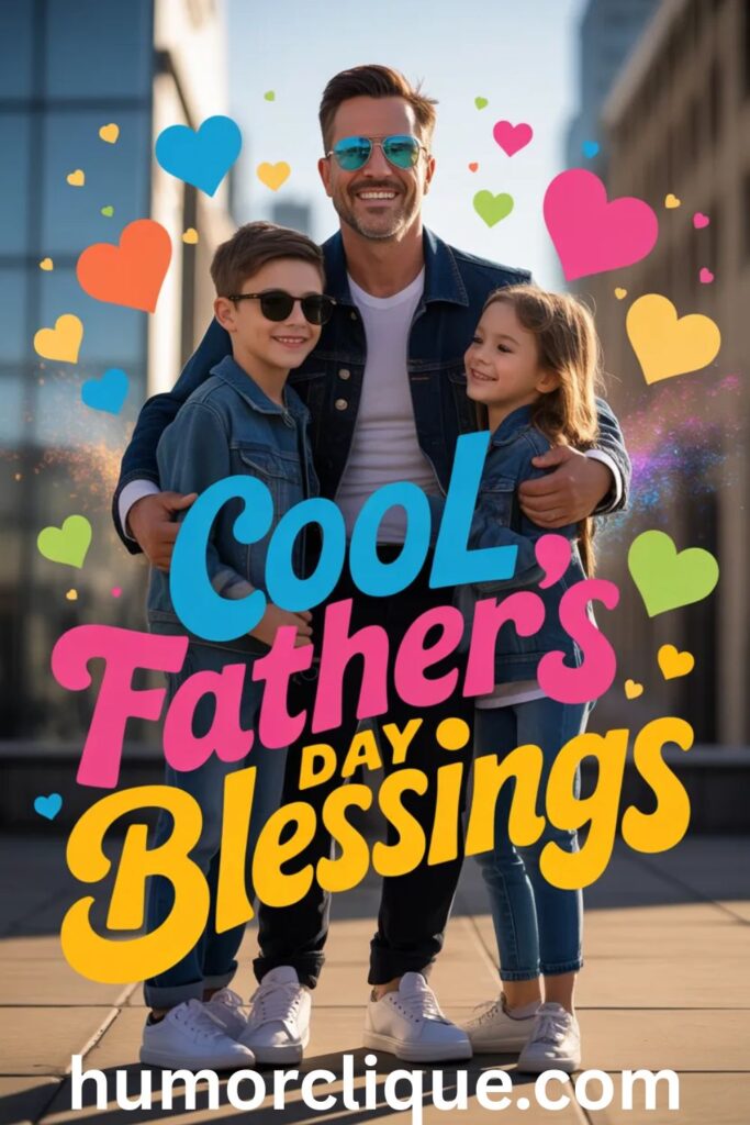 "A cool, stylish dad in sunglasses hugging his kids outdoors surrounded by colorful floating hearts, with the vibrant text 'Cool Father's Day Blessings' — an uplifting image for a Father's Day blessings blog post."