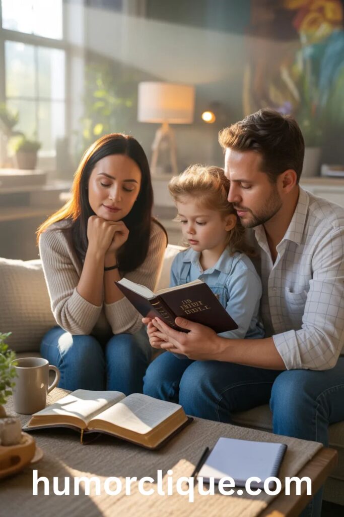 Family practicing daily prayer habits together with an open Bible and journal at home.