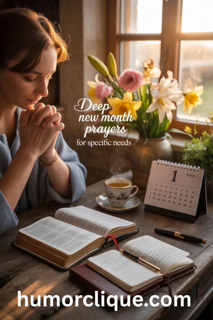 Person praying beside an open Bible and prayer journal with sunrise light symbolizing deep new month prayers for specific needs and spiritual guidance.