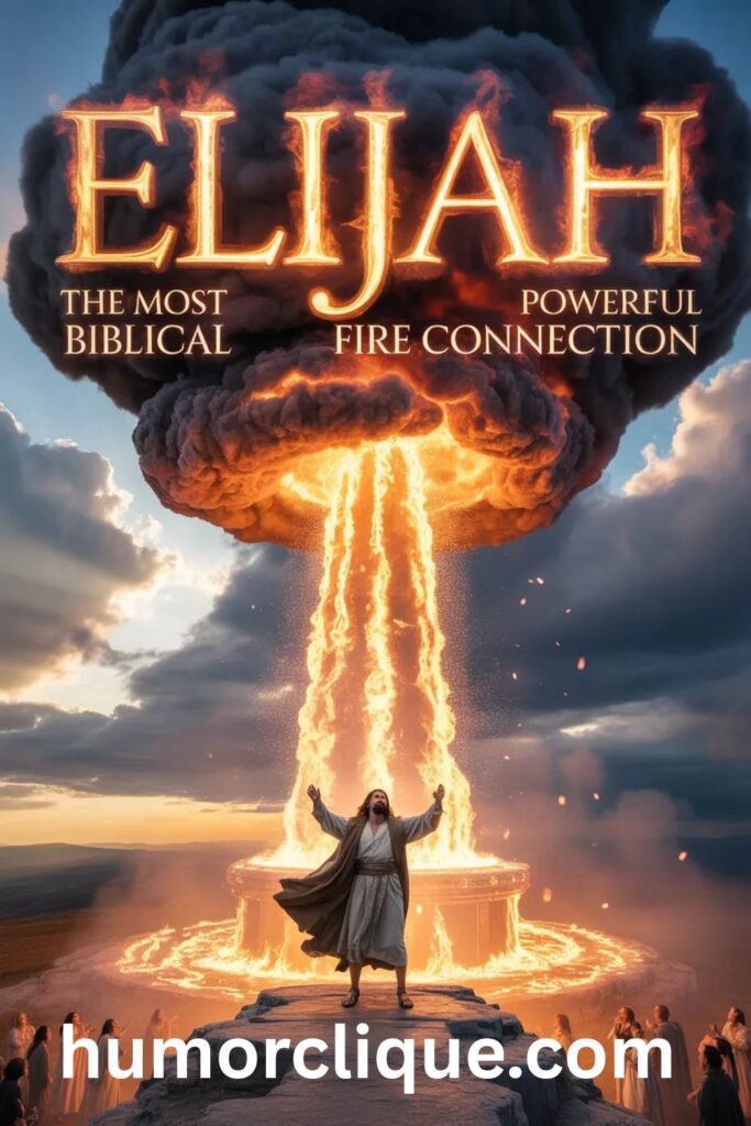 Photorealistic cinematic scene of the biblical prophet Elijah standing on Mount Carmel with divine fire raining down from heaven onto a stone altar, representing the most powerful biblical fire connection in the story of Elijah