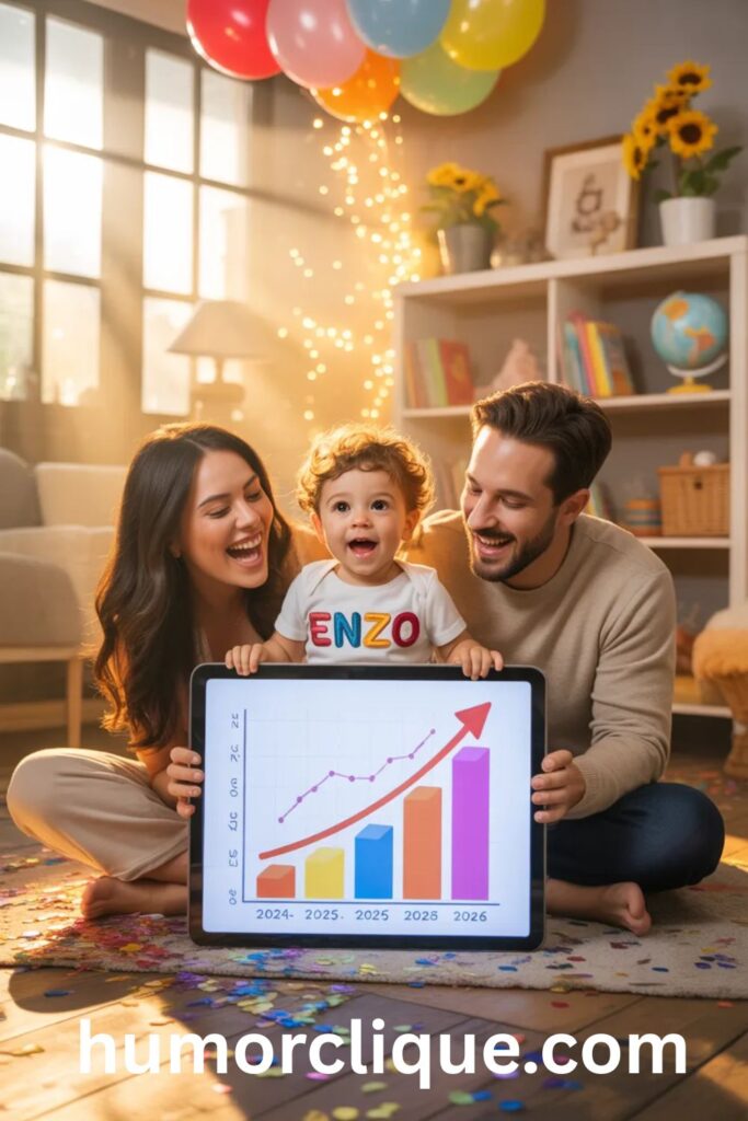 Happy young family with toddler boy wearing an Enzo onesie celebrating with balloons and a rising popularity chart on a tablet — Enzo Name Popularity 2024 to 2026 Data